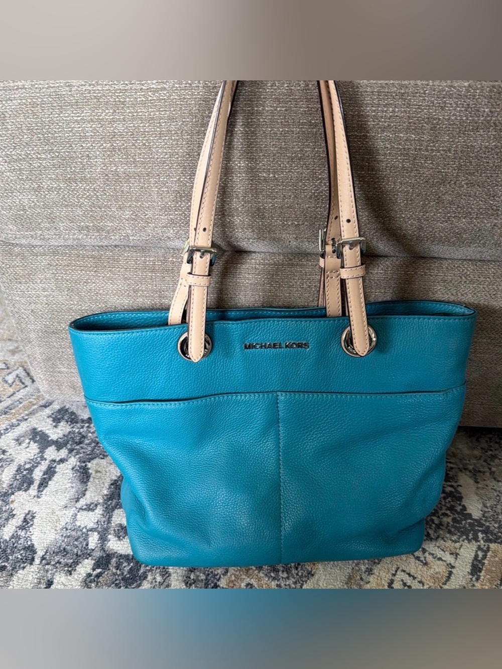 Michael Kors Bedford Leather Tote Blue Tan Pre-Owned Nautical Summer Coastal